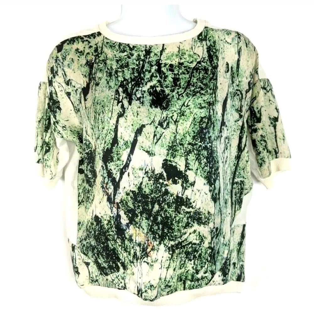 Zara W&B Collection Green White Wood Bark Blouse